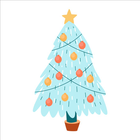 A decorated Christmas tree with colorful ornaments and a star on top. The tree has a light blue color and is placed in a brown pot.のイラスト素材