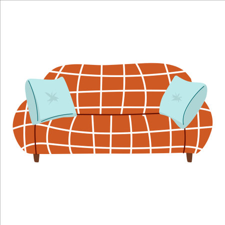 A cozy orange couch with a grid pattern and two light blue cushions. The couch is designed for comfort and style, suitable for modern living spaces.のイラスト素材
