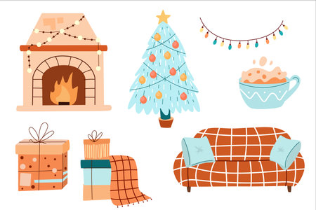 A cozy winter scene featuring a decorated Christmas tree, a warm fireplace, gifts, a cup of hot cocoa, and a comfortable couch with a blanket.のイラスト素材