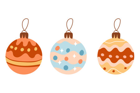 Three colorful Christmas ornaments in various designs. The ornaments feature patterns of stripes and dots in warm colors like orange, blue, and cream.のイラスト素材