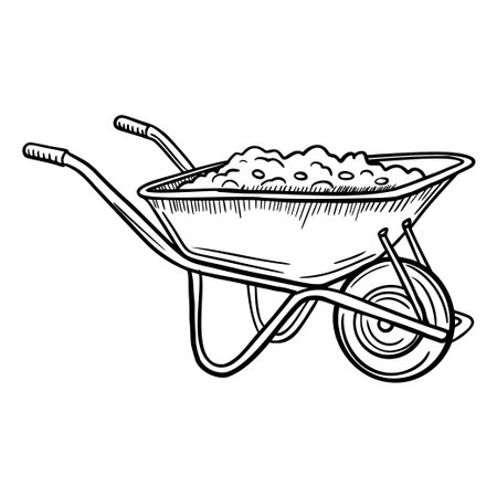 A simple wheelbarrow filled with soil. The wheelbarrow has two handles and a single wheel, designed for gardening or construction tasks.のイラスト素材
