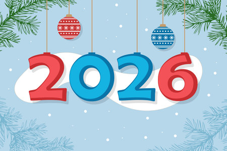 Colorful 2026 numbers hang against a light blue background with snowflakes. Christmas ornaments in red and blue add a festive touch.のイラスト素材