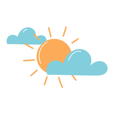 A bright sun with rays shining through light blue clouds. The scene conveys a cheerful and sunny day, ideal for summer themes.のイラスト素材