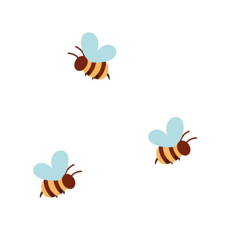 Three cartoon bees with blue wings and brown bodies flying against a white background. The bees are stylized and simple in design.のイラスト素材