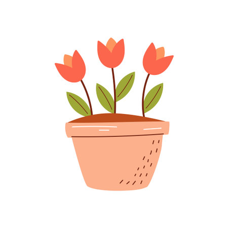 A potted plant with three orange tulips and green leaves. The pot is light brown with a textured surface. Simple and colorful design.のイラスト素材