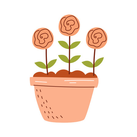 A potted plant with three stylized flowers. The flowers are round and peach-colored, with green leaves. The pot is light orange with a textured surface.のイラスト素材