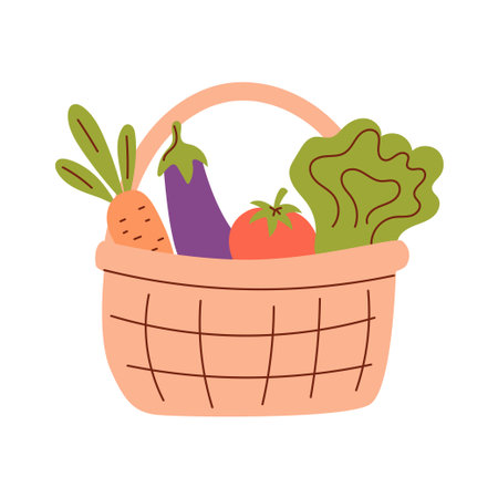 A woven basket filled with fresh vegetables including a carrot, eggplant, tomato, and lettuce. The scene emphasizes healthy eating and organic produce.のイラスト素材
