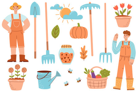 Two young men in overalls stand among gardening tools, flowers, and vegetables. The scene includes pots, a watering can, and a jar of honey.のイラスト素材