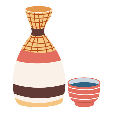 A colorful flat vector illustration of a traditional japanese sake bottle or tokkuri with small drinking cupsのイラスト素材