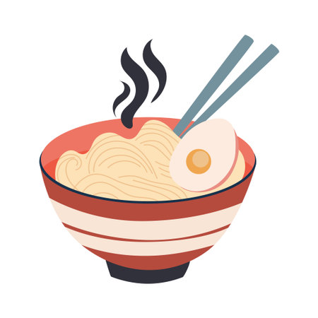 A bowl of ramen with steaming broth, chopsticks, and noodles, a popular dish of traditional japanese cuisine in flat vector illustrationのイラスト素材