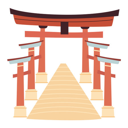 Classic red japanese torii gate icon in flat vector illustration style isolated on a white background, representing traditional shinto shrine entranceのイラスト素材