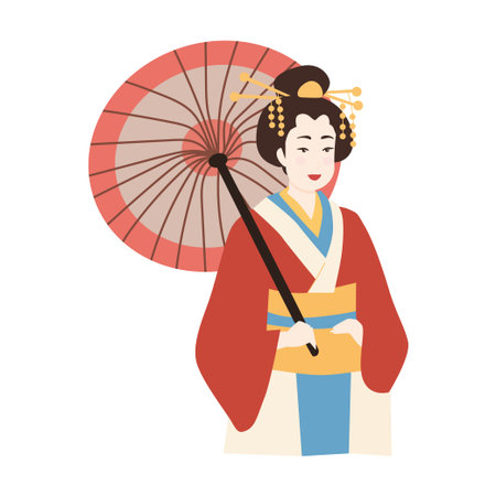 A colorful flat vector illustration of a geisha holding a traditional japanese umbrella a symbol of culture and beautyのイラスト素材