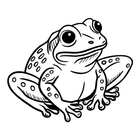 Black and white outline illustration of a frog sitting with a happy expression, suitable for a childrens coloring book pageのイラスト素材