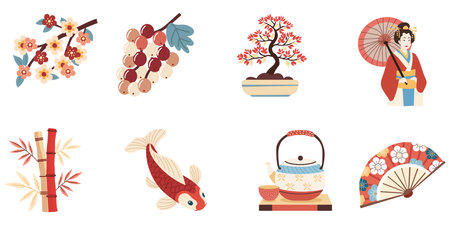 Set of red and black minimal japanese icons for cultural and travel concepts including pagoda, torii, bonsai, daruma, and traditional elementsのイラスト素材