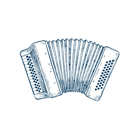 Vintage hand-drawn accordion, monochrome engraved style, isolated on white.のイラスト素材