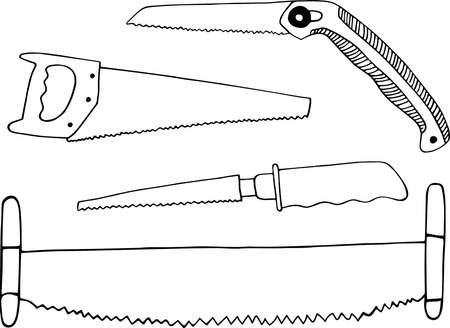 Vector set of different types of saw. Simple Doodle-style graphics. Hand drawnのイラスト素材