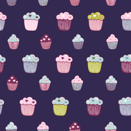 Seamless background with different cupcakes hand-drawn in Doodle style. Vector pattern with muffins on a dark backgroundのイラスト素材