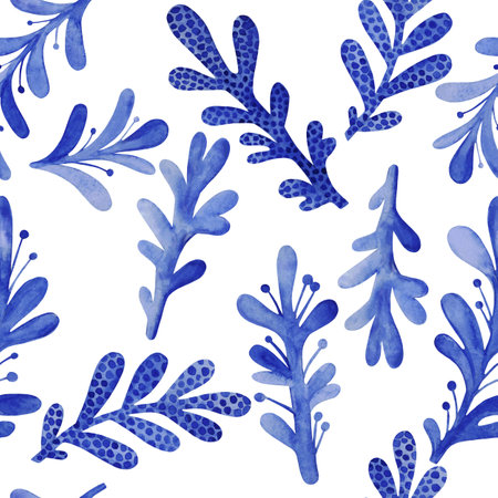 A pattern of different branches drawn by hand on a white background. Vegetable seamless background. Watercolorの写真素材