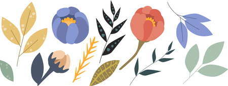 Vector set of abstract stylized flowers, twigs and leaves. Elements of floral design.のイラスト素材