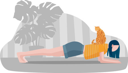 The girl is standing in the plank position, and the cat jumped on her back. Home sports. Vector illustration.のイラスト素材