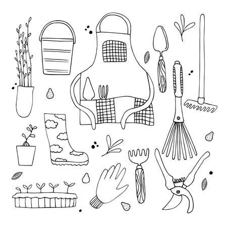A set of different items for working in the garden. Gardener's apron, seedlings, gloves, gardening tools. Vector clipart. Spring time. Hand-drawn in doodle styleのイラスト素材