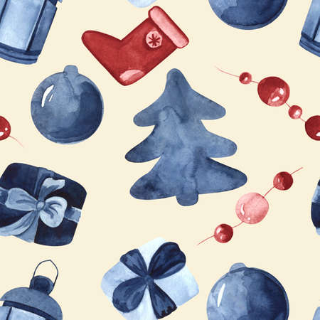 Watercolor Christmas seamless pattern with fir tree, gifts and baubles.の写真素材