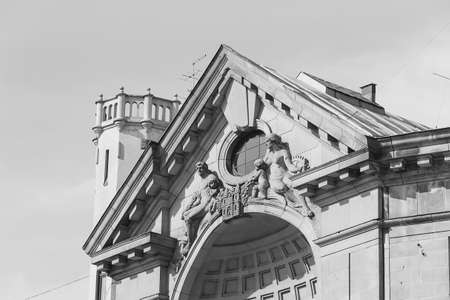 Fragment of building in old Riga in black and whiteのeditorial素材