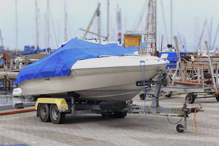 Nice white blue yacht berth at Geneva, Switzerlandの写真素材