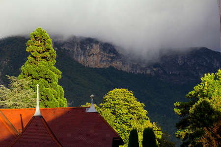 Nice low clouds in mountains on sunny day