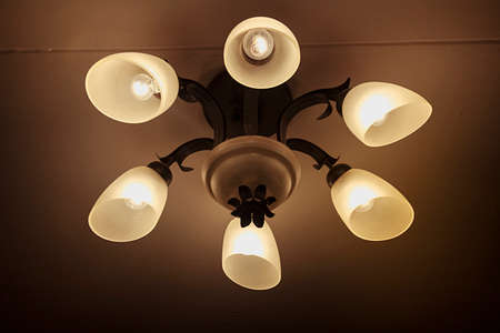 Chandelier with six horns on ceiling with white shadesの写真素材