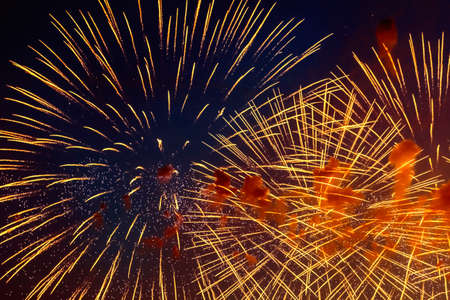 Golden volleys of beauty salute in blue evening skyの写真素材