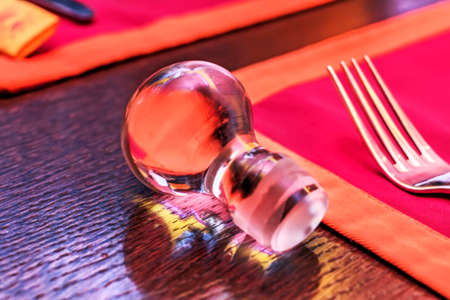 Nice glass cork from carafe on holiday tableの写真素材