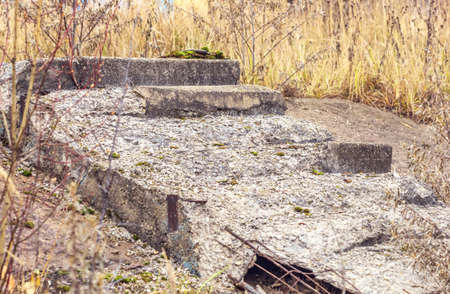 Gray ruined staircase in bright fall dayの写真素材
