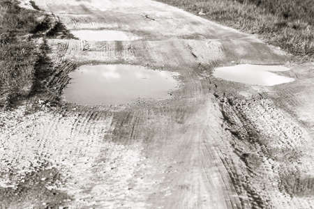 Big puddles on dirt road at summer day in black and whiteの写真素材