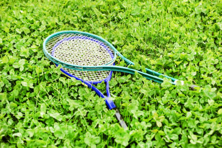 Blue rackets for tennis on green lawnの写真素材