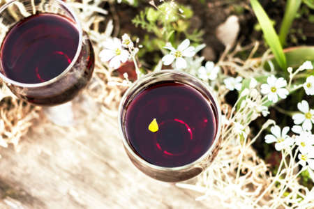 Two glasses with red wine at summer mood