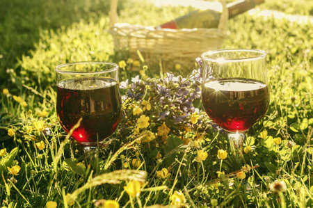 Two glasses of red wine in summer evening at green grassの写真素材