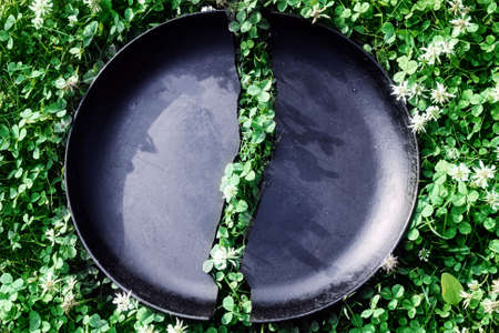 Black cast-iron skillet in half on green grassの写真素材