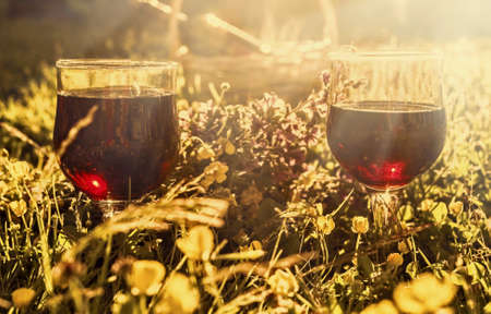 Two charming glasses of red wine in sunny raysの写真素材