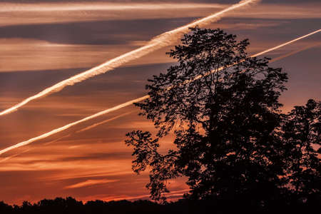 Stripes from plane in orange bright summer sunset sky