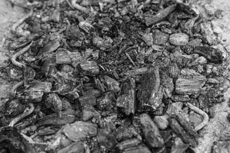 Embers of fire on ground in black and whiteの写真素材