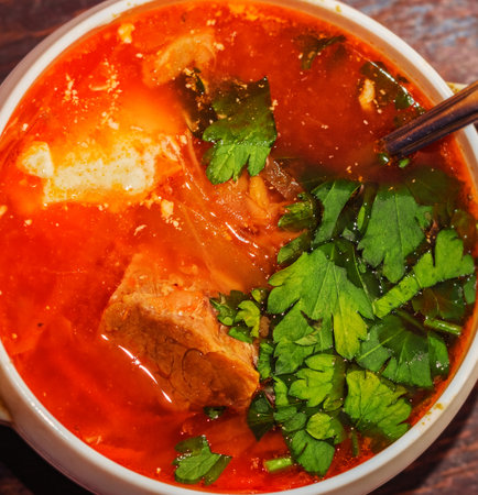 Real pretty delicious borscht with beef and herbs in white bowlの写真素材