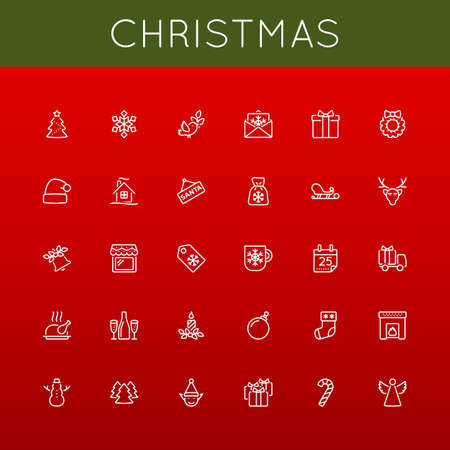 Christmas Line Icons isolated on red backgroundのイラスト素材