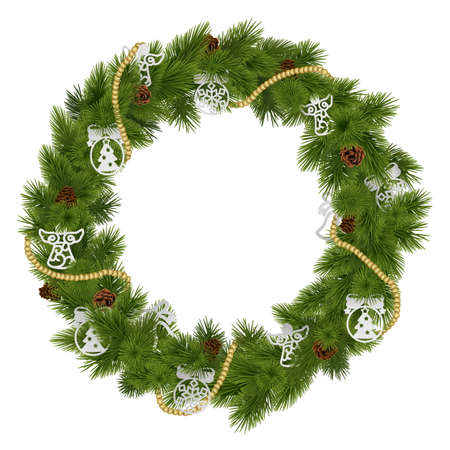 Vector Christmas Wreath with Decorations isolated on white backgroundのイラスト素材