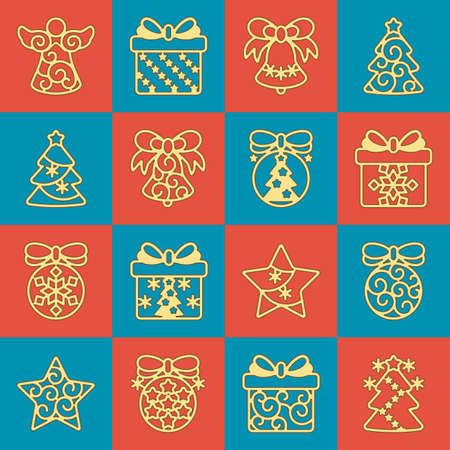 Vector Christmas Ornaments isolated on red and blue backgroundのイラスト素材