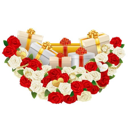 Vector Romantic Flower Decoration with Gifts isolated on white backgroundのイラスト素材
