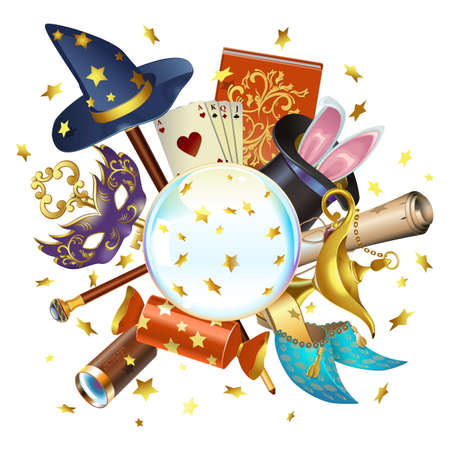Vector Magic Concept with Crystal Ball isolated on white backgroundのイラスト素材