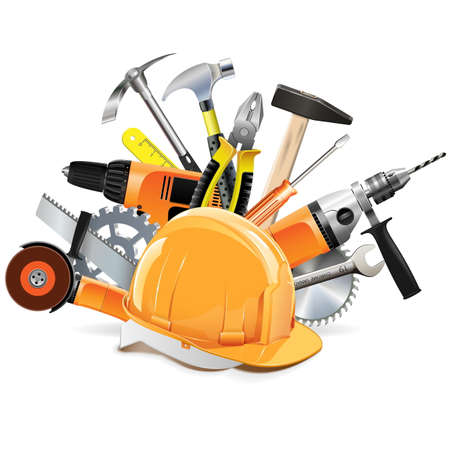 Vector Construction Tools with Helmet isolated on white backgroundのイラスト素材