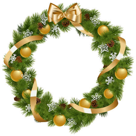 Vector Christmas Wreath with Golden Decorations isolated on white backgroundのイラスト素材