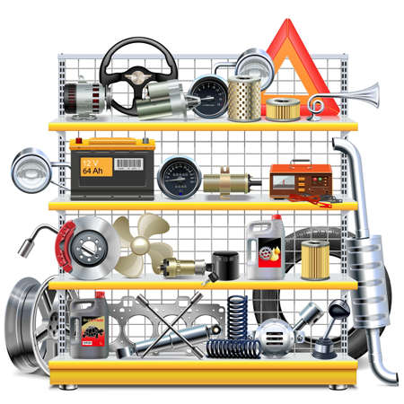Supermarket Shelves with Car Spares isolated on white backgroundのイラスト素材